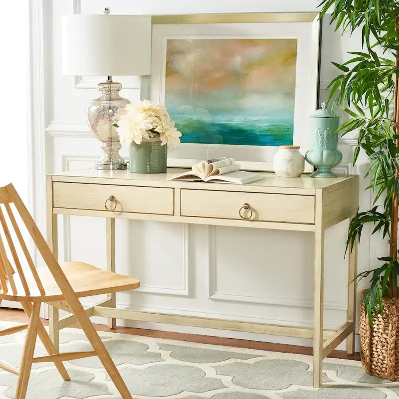Bureau console d’écriture pour le bureau à domicile avec 2 tiroirs de rangement et poignées annulaires en métal