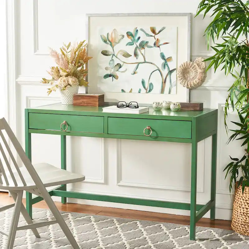Bureau console d’écriture pour le bureau à domicile avec 2 tiroirs de rangement et poignées annulaires en métal