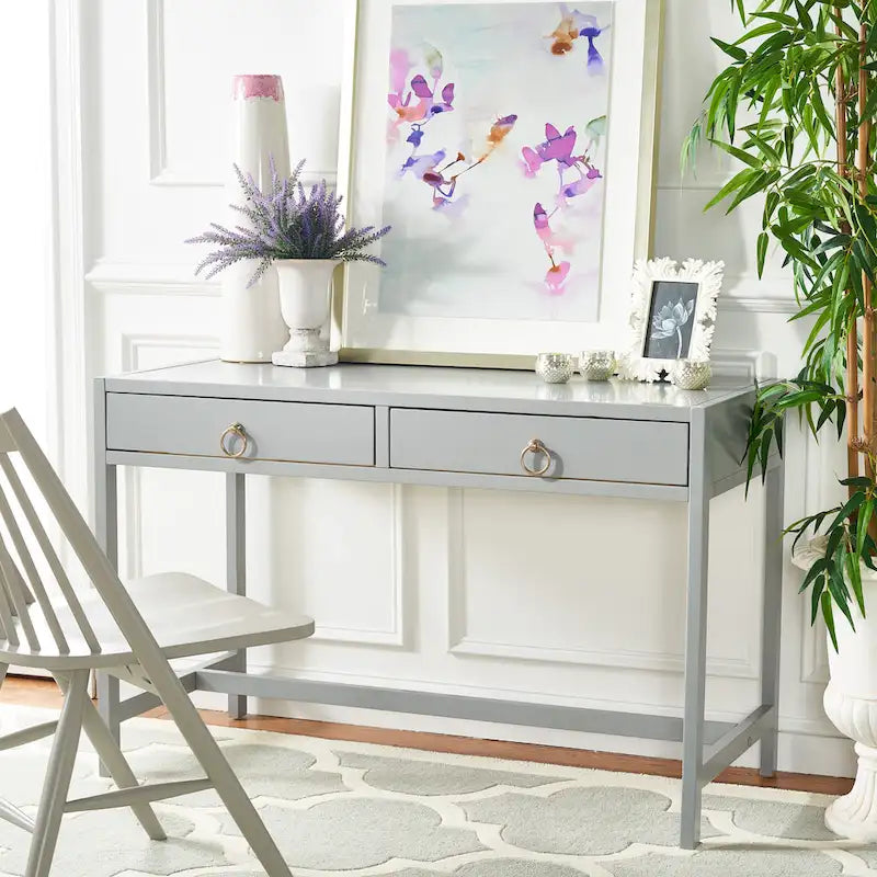 Bureau console d’écriture pour le bureau à domicile avec 2 tiroirs de rangement et poignées annulaires en métal