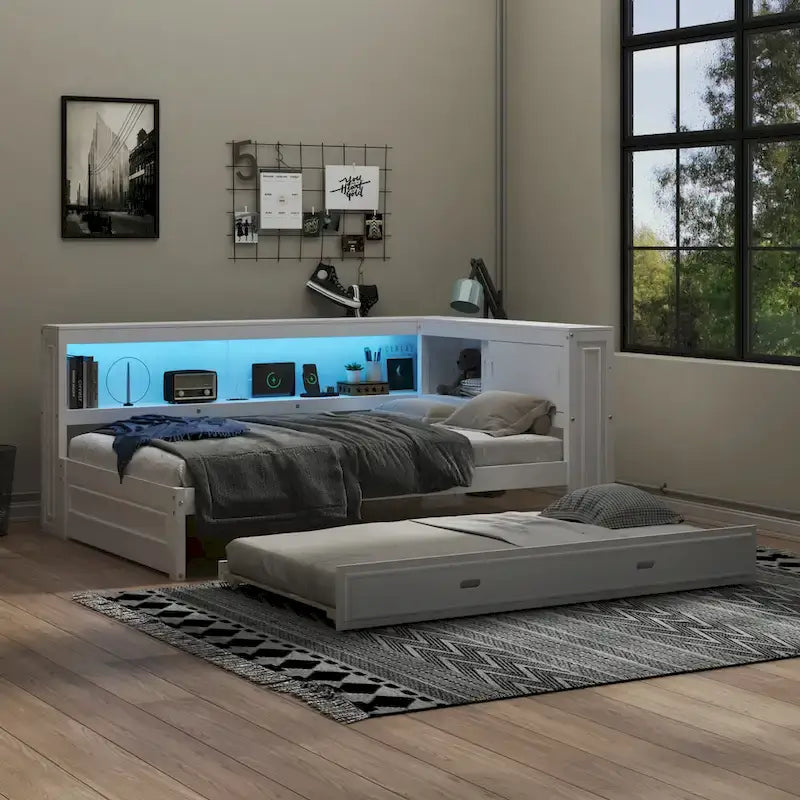 Sofá cama individual con estantes, carga USB, luces LED y cama nido individual