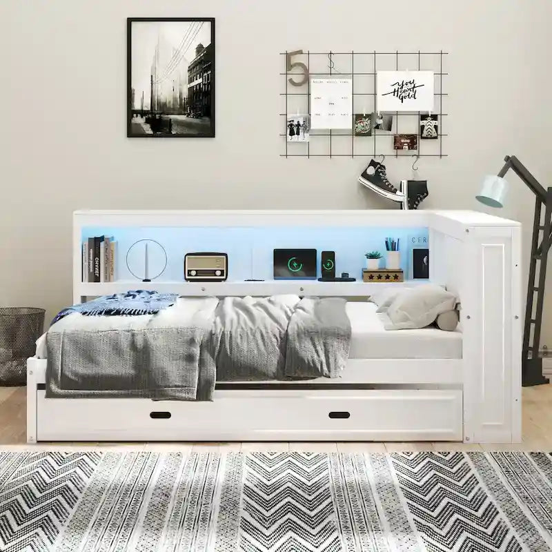 Lit de jour double avec étagères, chargeur USB, éclairage LED et lit gigogne simple