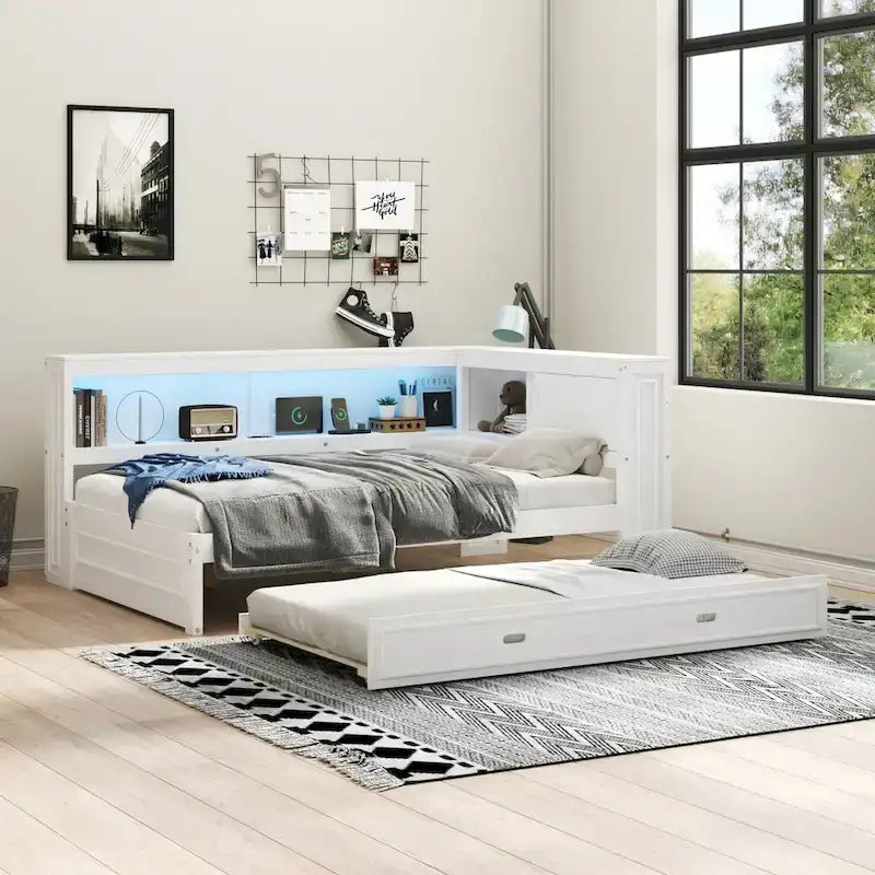Lit de jour double avec étagères, chargeur USB, éclairage LED et lit gigogne simple