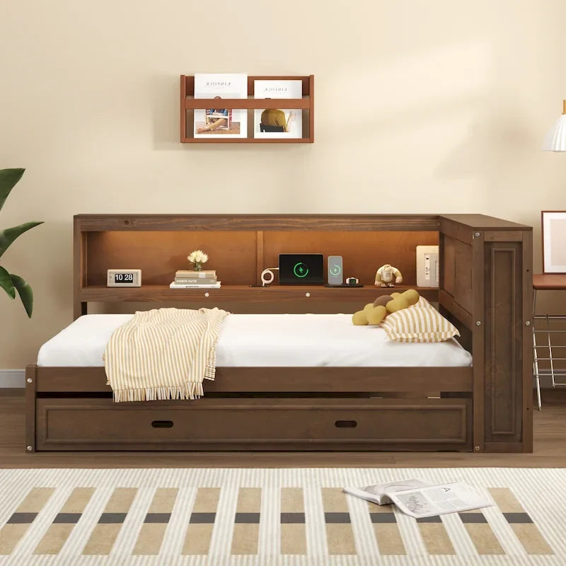 Sofá cama individual con estantes, carga USB, luces LED y cama nido individual