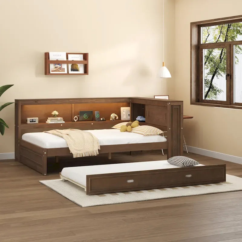 Sofá cama individual con estantes, carga USB, luces LED y cama nido individual