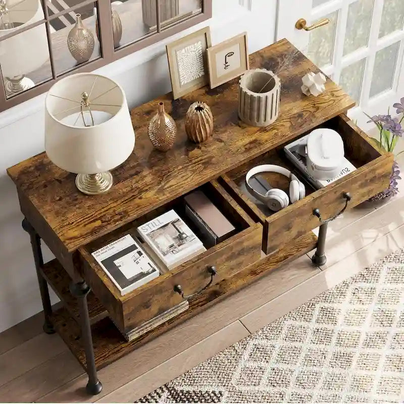 Tables consoles avec 2 tiroirs et étagères de rangement