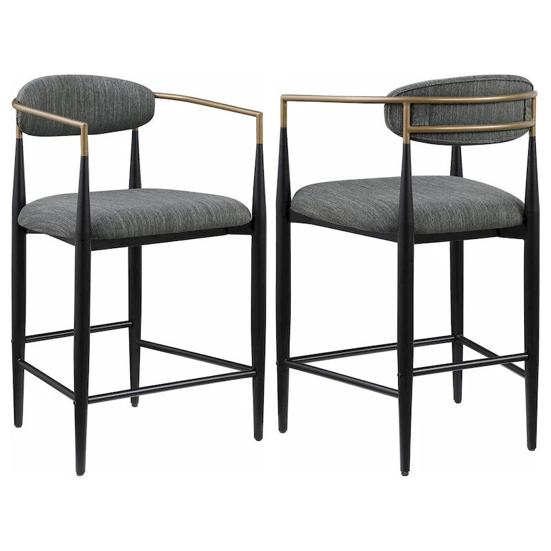 Tiara Counter Chair Set of 2, Gray Fabric, Gold, Black Metal 25 Inch