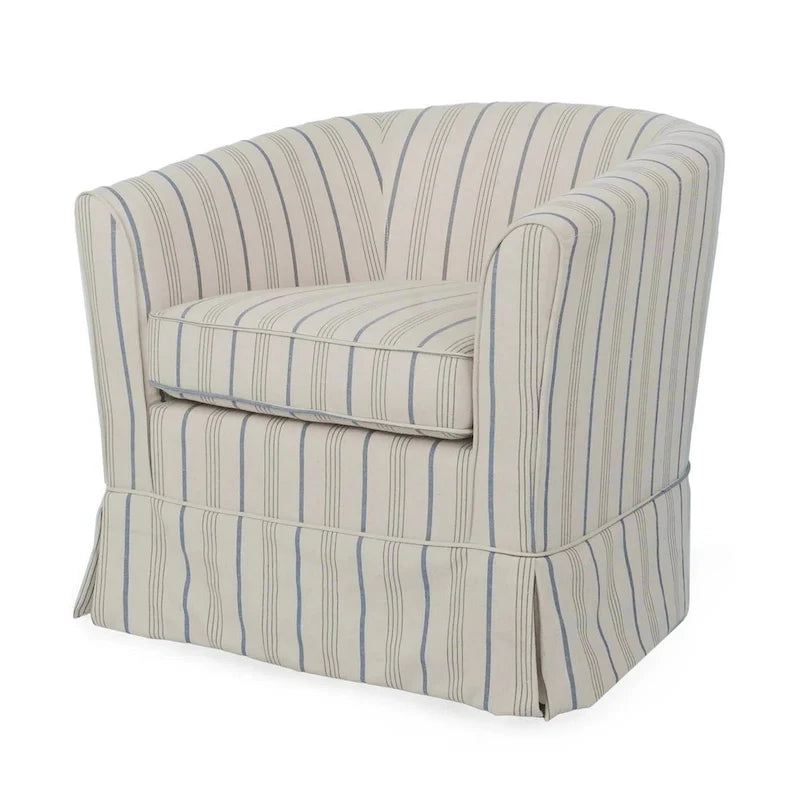 Sillón giratorio decorativo moderno, respaldo redondo tipo barril, tela suave gris blanquecina