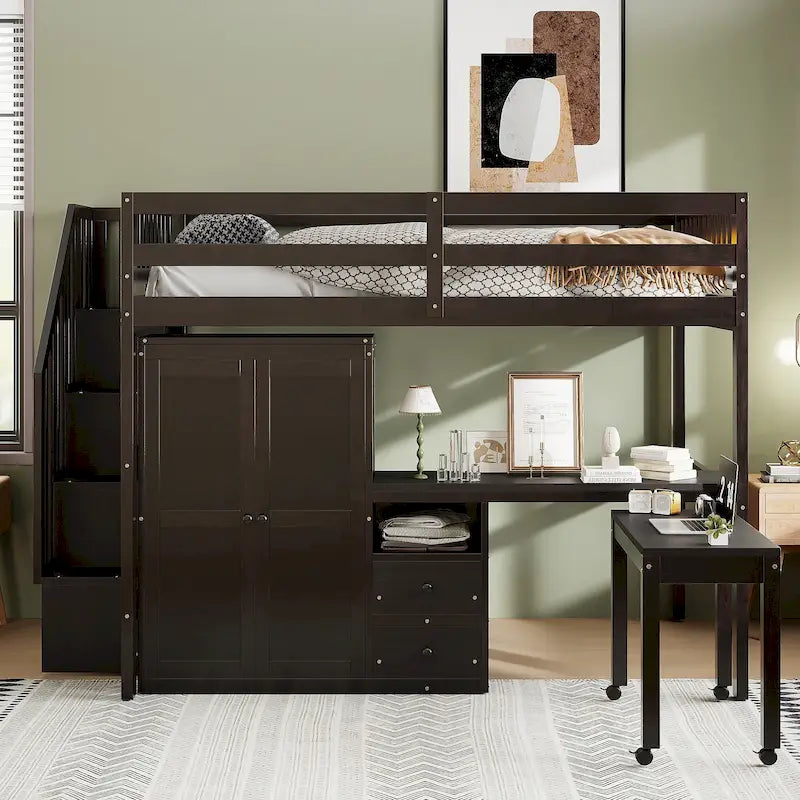 Lit mezzanine taille double avec escalier, bibliothèque, bureau et armoire - meuble multifonctionnel gain de place pour enfants et adolescents-Blanc