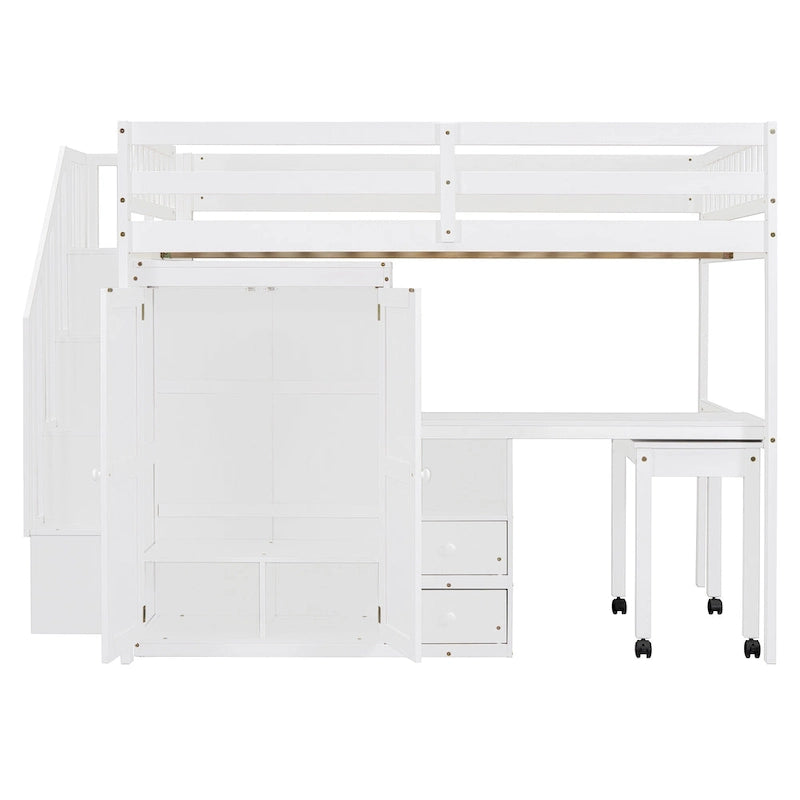 Full Size Loft Bed with Stairs, Bookshelf, Desk & Wardrobe - Space-Saving Multifunctional Furniture for Kids & Teens-White