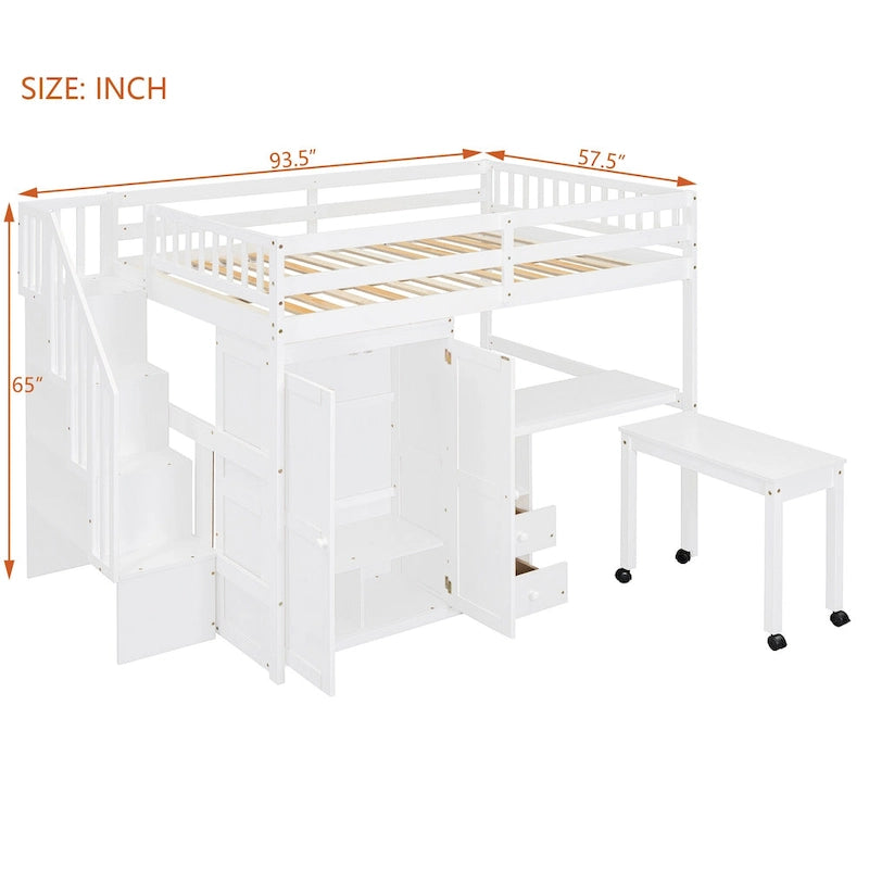 Hochbett in voller Größe mit Treppe, Bücherregal, Schreibtisch und Kleiderschrank - platzsparendes Multifunktionsmöbel für Kinder und Teenager-weiß