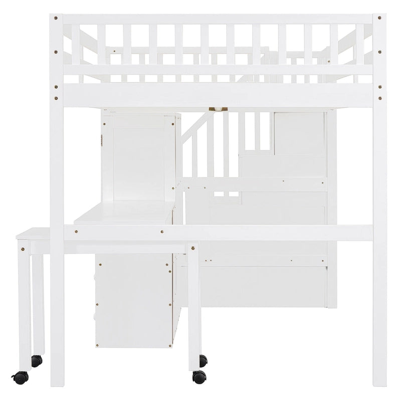 Lit mezzanine taille double avec escalier, bibliothèque, bureau et armoire - meuble multifonctionnel gain de place pour enfants et adolescents-Blanc