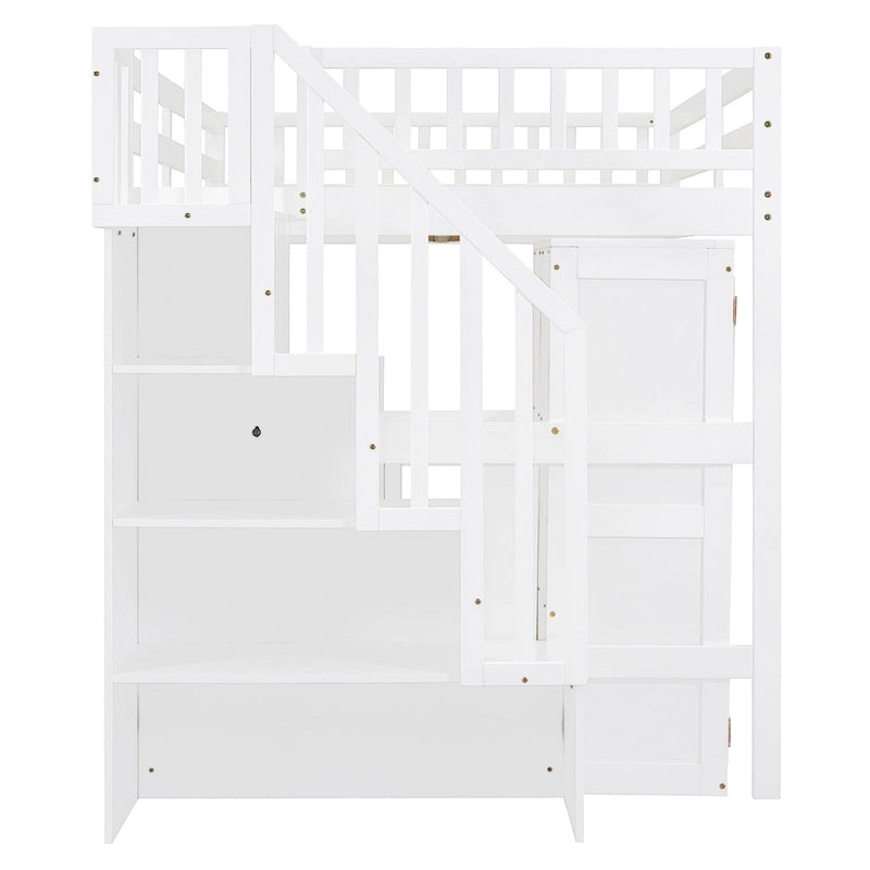 Hochbett in voller Größe mit Treppe, Bücherregal, Schreibtisch und Kleiderschrank - platzsparendes Multifunktionsmöbel für Kinder und Teenager-weiß