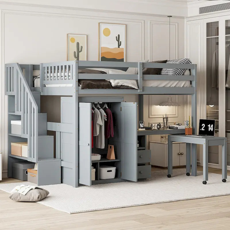 Hochbett in voller Größe mit Treppe, Bücherregal, Schreibtisch und Kleiderschrank - platzsparendes Multifunktionsmöbel für Kinder und Teenager-weiß