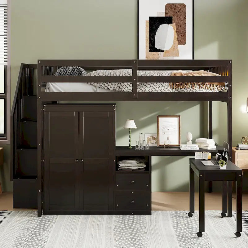 Lit mezzanine taille double avec escalier, bibliothèque, bureau et armoire - meuble multifonctionnel gain de place pour enfants et adolescents-Blanc