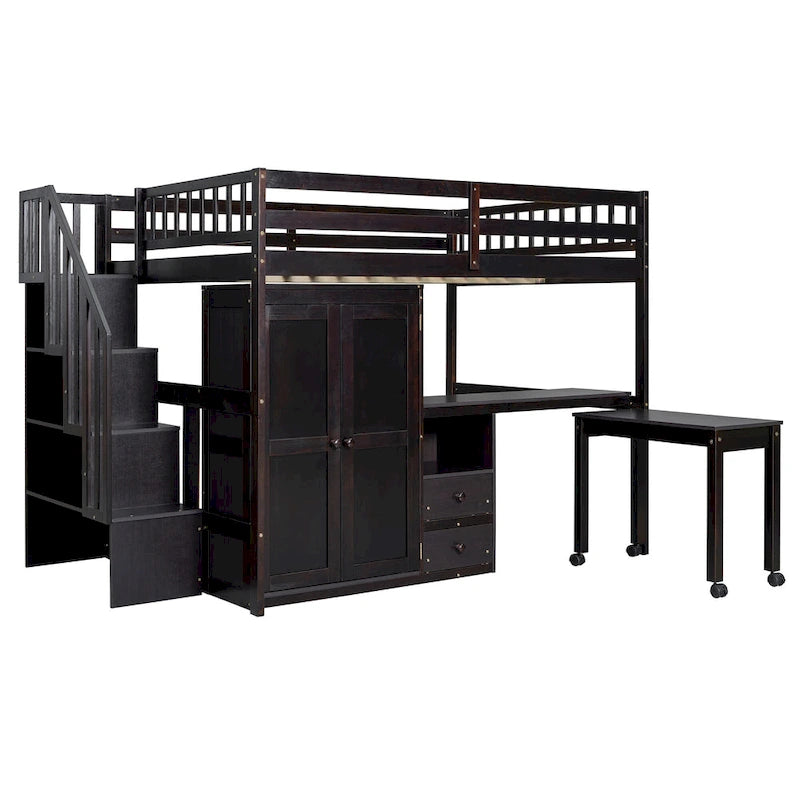Hochbett in voller Größe mit Treppe, Bücherregal, Schreibtisch und Kleiderschrank - platzsparendes Multifunktionsmöbel für Kinder und Teenager-weiß