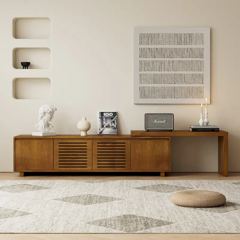 Mid Century Expandable TV Stand with 4 Storage Cabinets and Hollowout Door for Living Room Entertainment Center