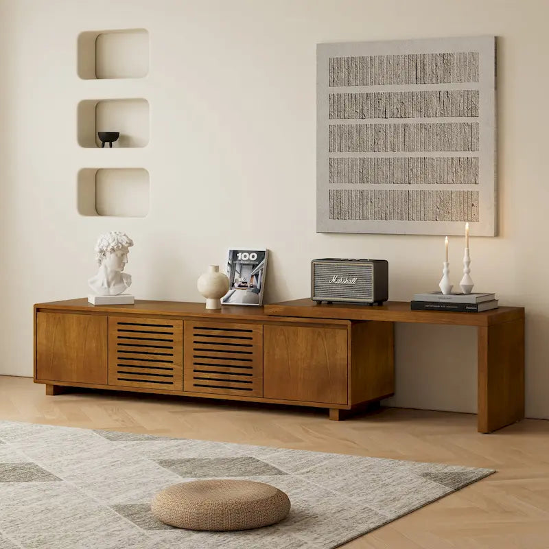 Ausziehbarer TV-Ständer im Mid-Century-Stil mit 4 Aufbewahrungsschränken und Türen mit Aussparungen, Entertainment-Center fürs Wohnzimmer