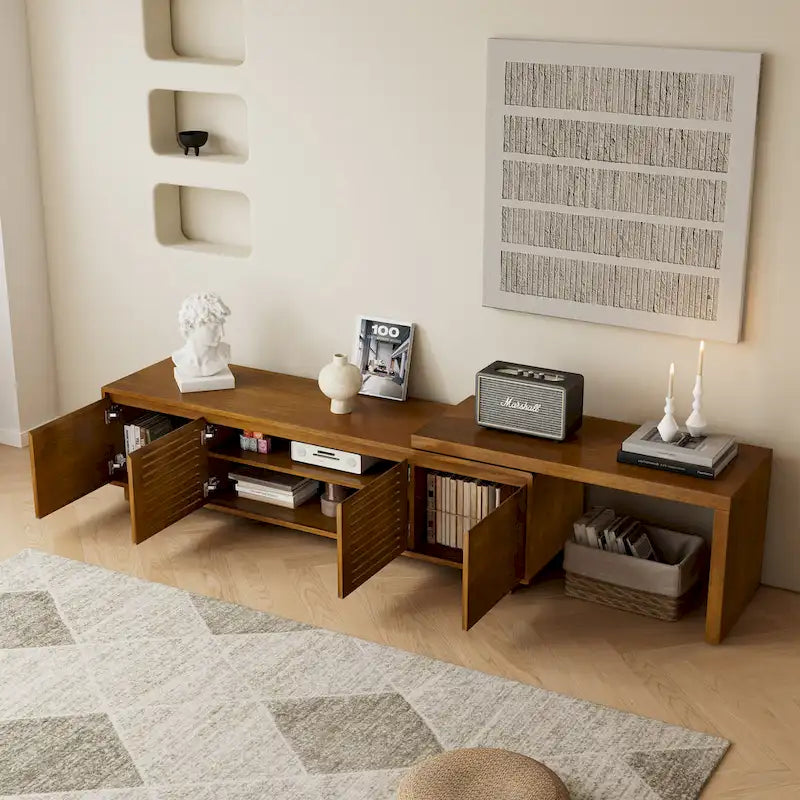 Ausziehbarer TV-Ständer im Mid-Century-Stil mit 4 Aufbewahrungsschränken und Türen mit Aussparungen, Entertainment-Center fürs Wohnzimmer