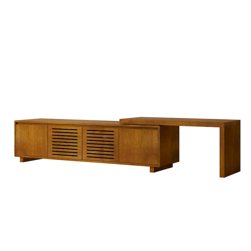Ausziehbarer TV-Ständer im Mid-Century-Stil mit 4 Aufbewahrungsschränken und Türen mit Aussparungen, Entertainment-Center fürs Wohnzimmer