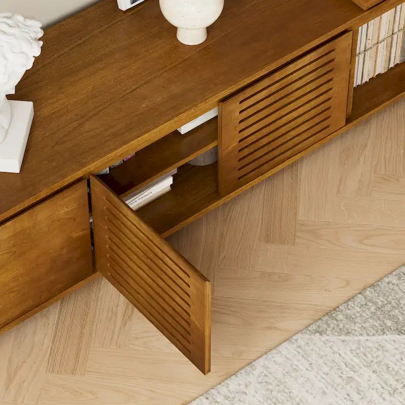Ausziehbarer TV-Ständer im Mid-Century-Stil mit 4 Aufbewahrungsschränken und Türen mit Aussparungen, Entertainment-Center fürs Wohnzimmer