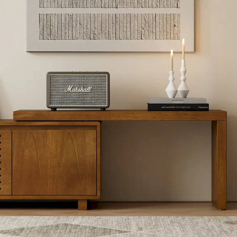 Ausziehbarer TV-Ständer im Mid-Century-Stil mit 4 Aufbewahrungsschränken und Türen mit Aussparungen, Entertainment-Center fürs Wohnzimmer