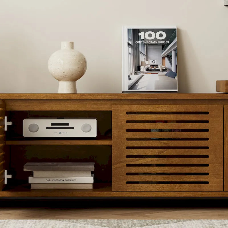 Ausziehbarer TV-Ständer im Mid-Century-Stil mit 4 Aufbewahrungsschränken und Türen mit Aussparungen, Entertainment-Center fürs Wohnzimmer