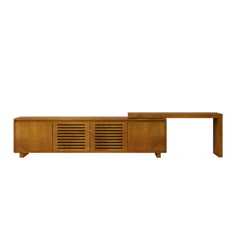 Ausziehbarer TV-Ständer im Mid-Century-Stil mit 4 Aufbewahrungsschränken und Türen mit Aussparungen, Entertainment-Center fürs Wohnzimmer