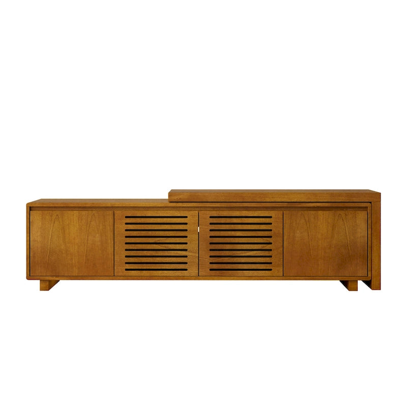 Ausziehbarer TV-Ständer im Mid-Century-Stil mit 4 Aufbewahrungsschränken und Türen mit Aussparungen, Entertainment-Center fürs Wohnzimmer