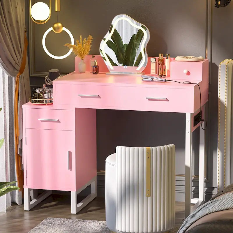 Coiffeuse avec 4 tiroirs de rangement, coiffeuse moderne avec station de recharge