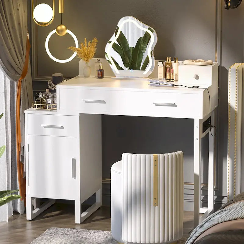 Coiffeuse avec 4 tiroirs de rangement, coiffeuse moderne avec station de recharge