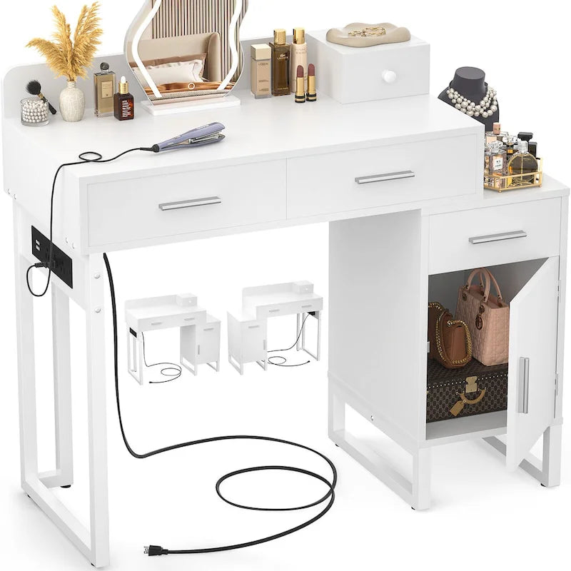Coiffeuse avec 4 tiroirs de rangement, coiffeuse moderne avec station de recharge
