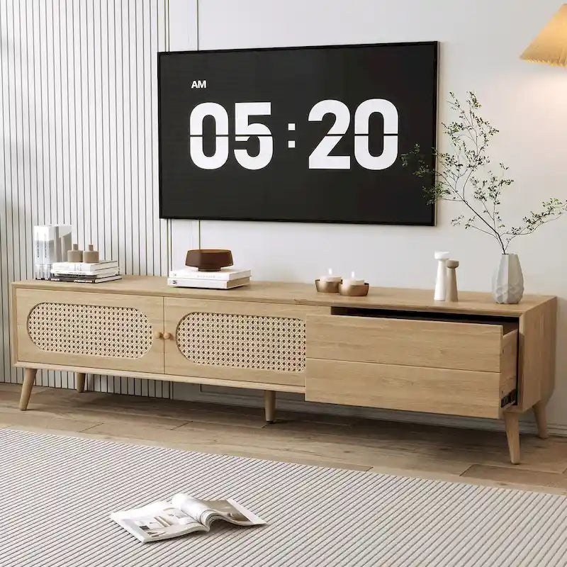 TV-Ständer für Fernseher bis 80, moderne Medienkonsole, Entertainment-Center mit Holzbeinen, TV-Schrank fürs Wohnzimmer