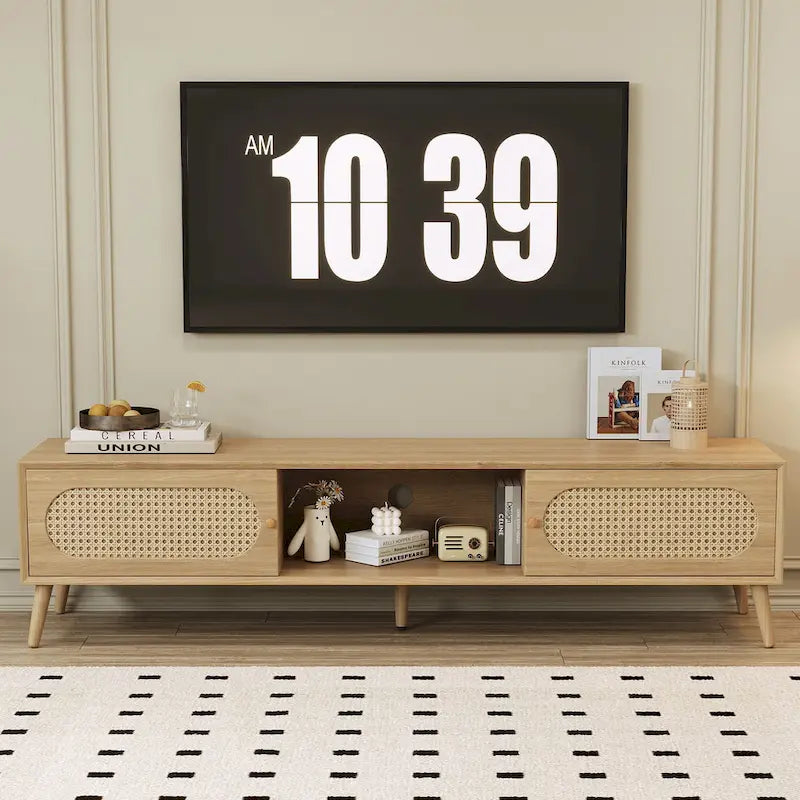 TV-Ständer für Fernseher bis 80, moderne Medienkonsole, Entertainment-Center mit Holzbeinen, TV-Schrank fürs Wohnzimmer
