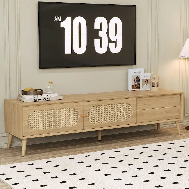 TV-Ständer für Fernseher bis 80, moderne Medienkonsole, Entertainment-Center mit Holzbeinen, TV-Schrank fürs Wohnzimmer
