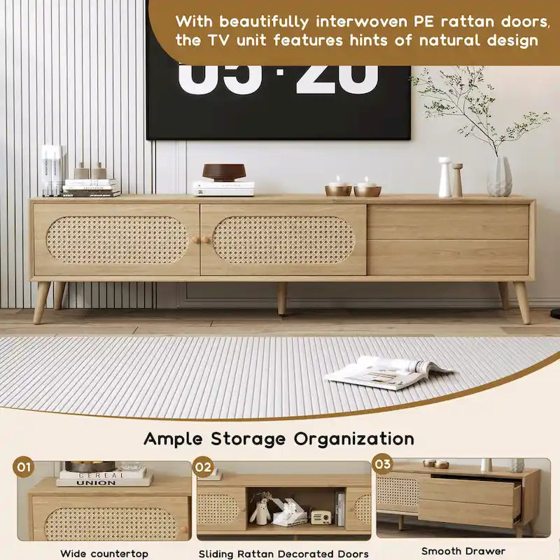 TV-Ständer für Fernseher bis 80, moderne Medienkonsole, Entertainment-Center mit Holzbeinen, TV-Schrank fürs Wohnzimmer
