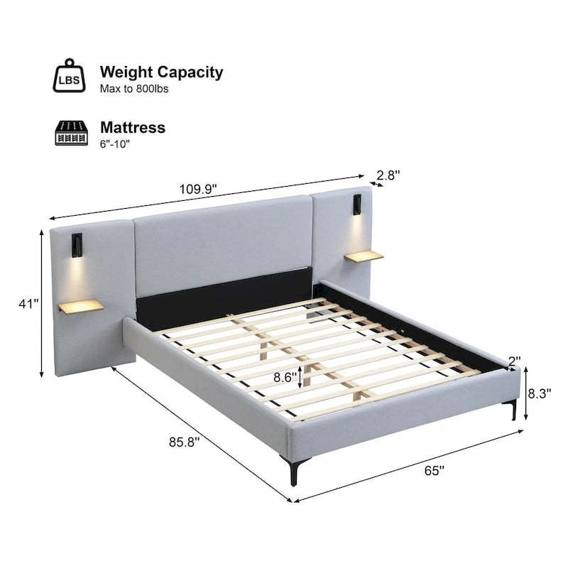 Cama con plataforma de lino gris, estructura grande tapizada con respaldo alado, luces de noche y estantes de almacenamiento