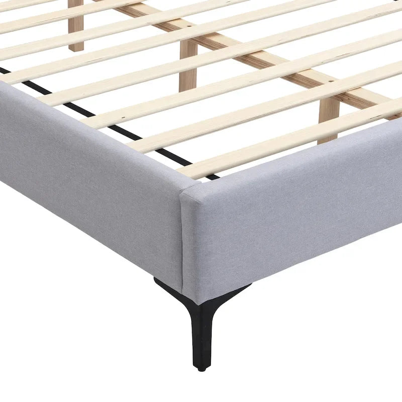 Cama con plataforma de lino gris, estructura grande tapizada con respaldo alado, luces de noche y estantes de almacenamiento