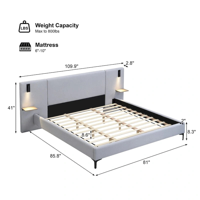 Cama con plataforma de lino gris, estructura grande tapizada con respaldo alado, luces de noche y estantes de almacenamiento
