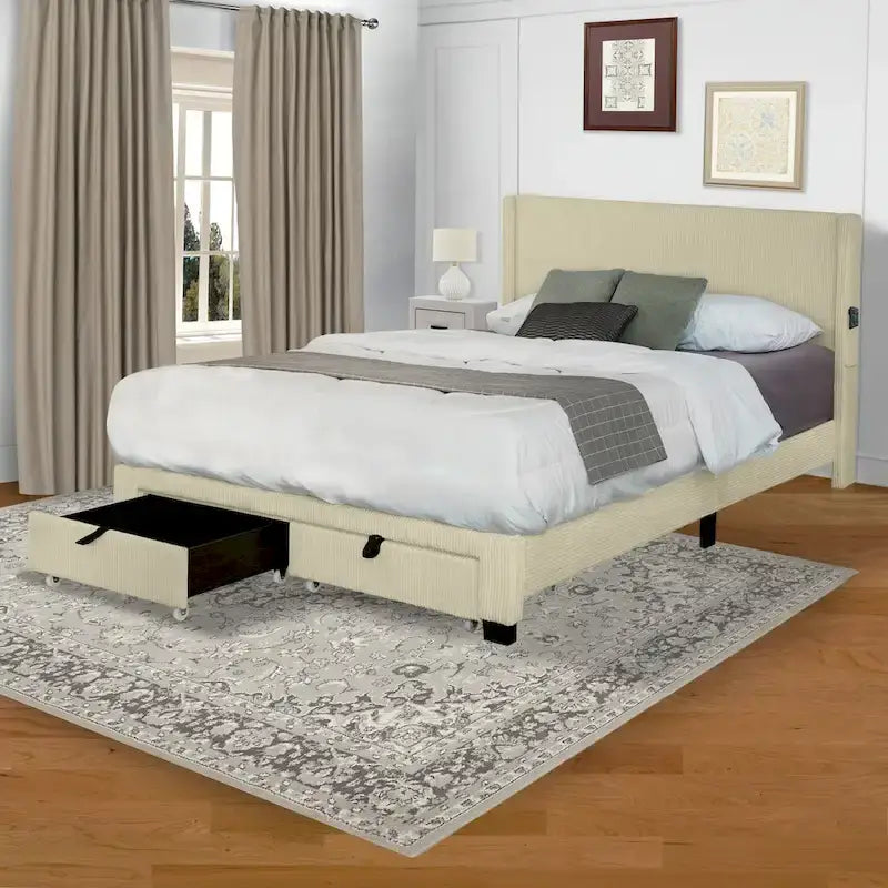 Lit plateforme beige pour grand lit, revêtement en velours côtelé, avec tête et pied de lit à oreilles et rangement