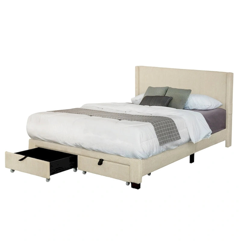 Beiges Queensize-Plattformbett mit Cord-Samtbezug, Ohrensessel-Kopfteil und Stauraum im Fußteil