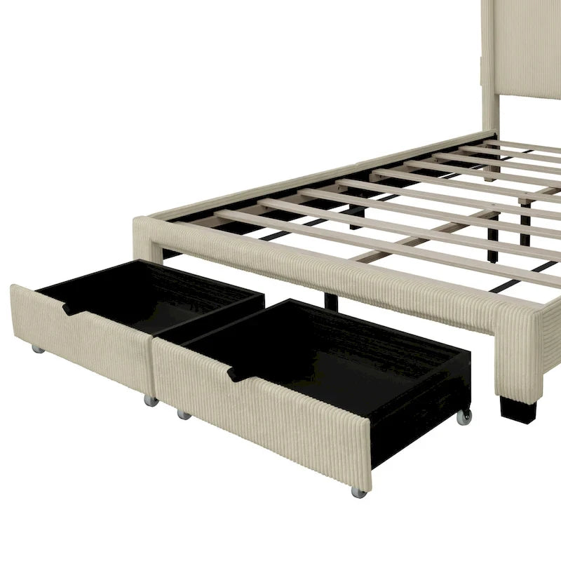 Beiges Queensize-Plattformbett mit Cord-Samtbezug, Ohrensessel-Kopfteil und Stauraum im Fußteil