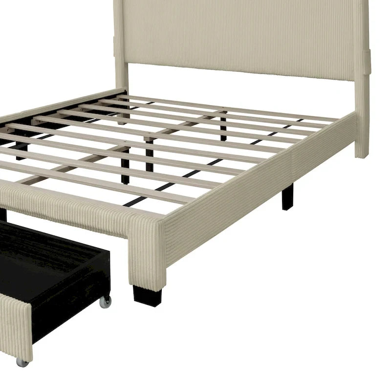 Beiges Queensize-Plattformbett mit Cord-Samtbezug, Ohrensessel-Kopfteil und Stauraum im Fußteil