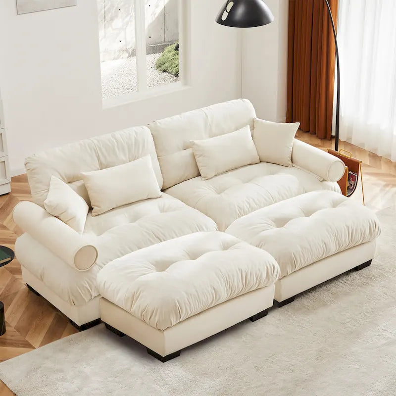 Modulares Ecksofa mit 2 Hockern, bezogen mit Samtstoff