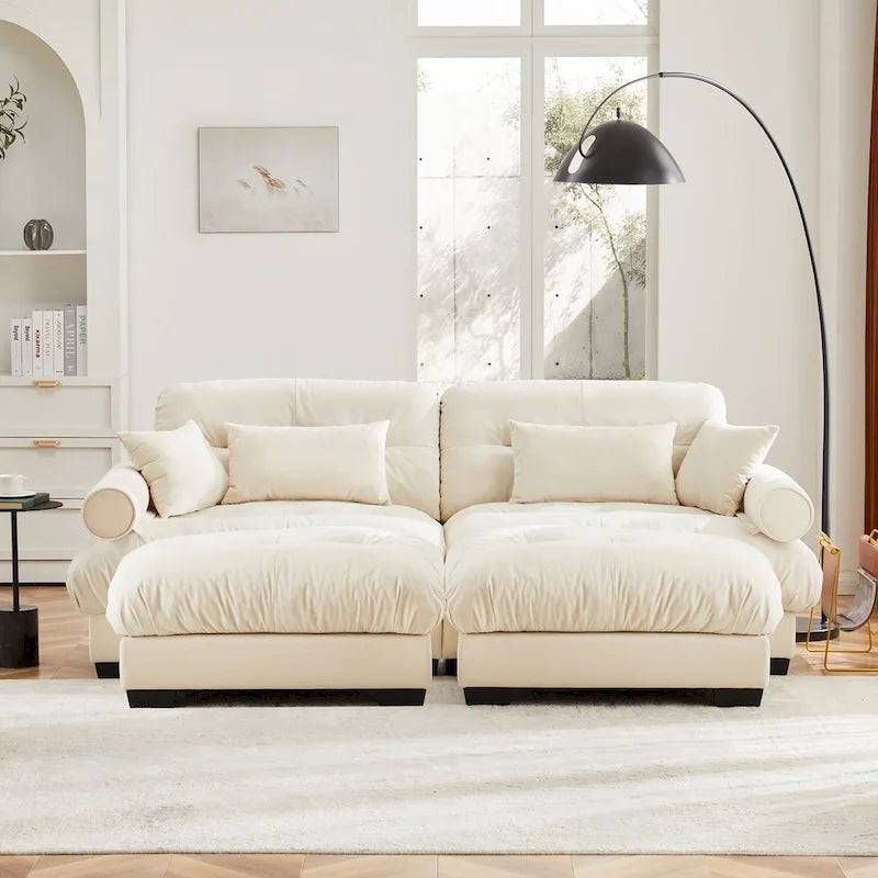 Modulares Ecksofa mit 2 Hockern, bezogen mit Samtstoff