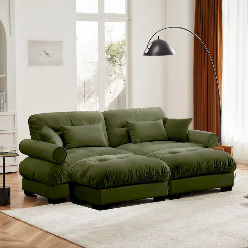 Modulares Ecksofa mit 2 Hockern, bezogen mit Samtstoff