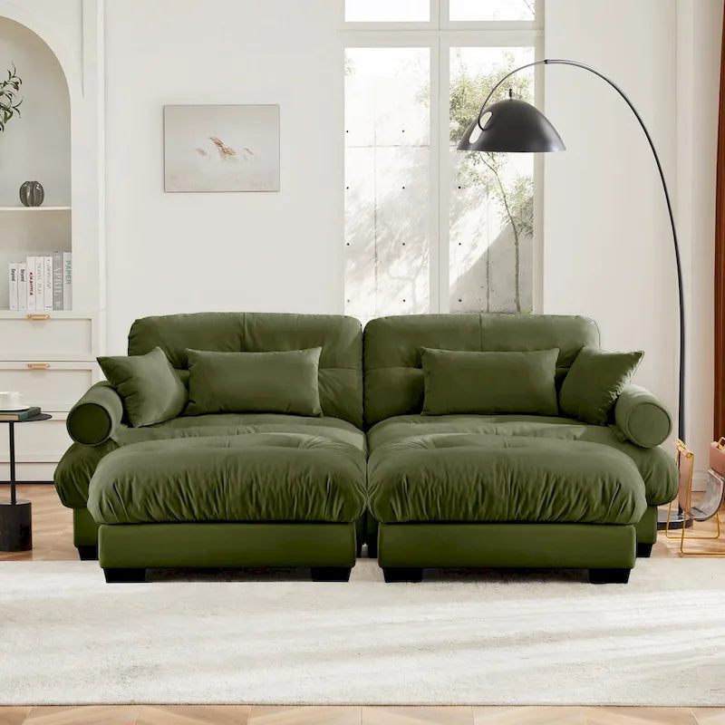 Modulares Ecksofa mit 2 Hockern, bezogen mit Samtstoff