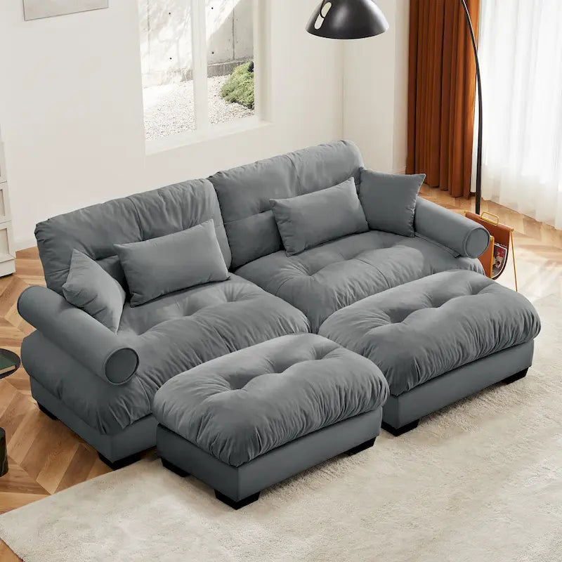 Modulares Ecksofa mit 2 Hockern, bezogen mit Samtstoff