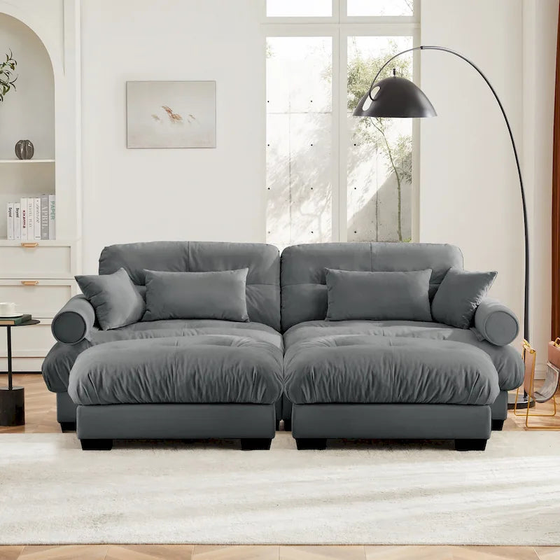 Modulares Ecksofa mit 2 Hockern, bezogen mit Samtstoff