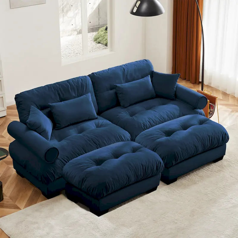 Modulares Ecksofa mit 2 Hockern, bezogen mit Samtstoff