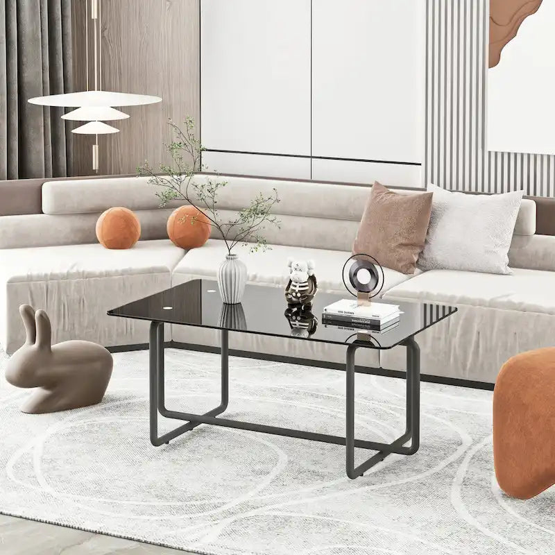 Mesa de centro moderna de vidrio templado y metal negro
